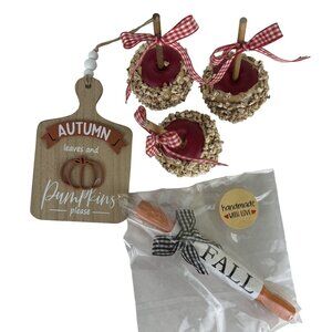 5 pc Autumn Decorative Set: Wooden Sign Faux Caramel Apples and Fall Rolling Pin